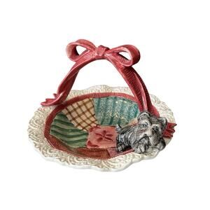 Retired Fitz & Floyd Candy Dish Scottie Dog In Quilted Basket & Bow Christmas